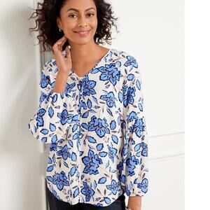 Talbots Lantern Sleeve Top Womens Large White Blue Blooming Daffodils Blouse